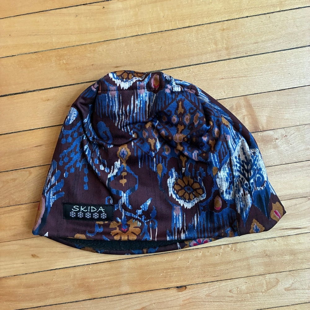 Skida Alpine Hat One Size Brown Blue Ikat Fleece Lined Beanie Unisex